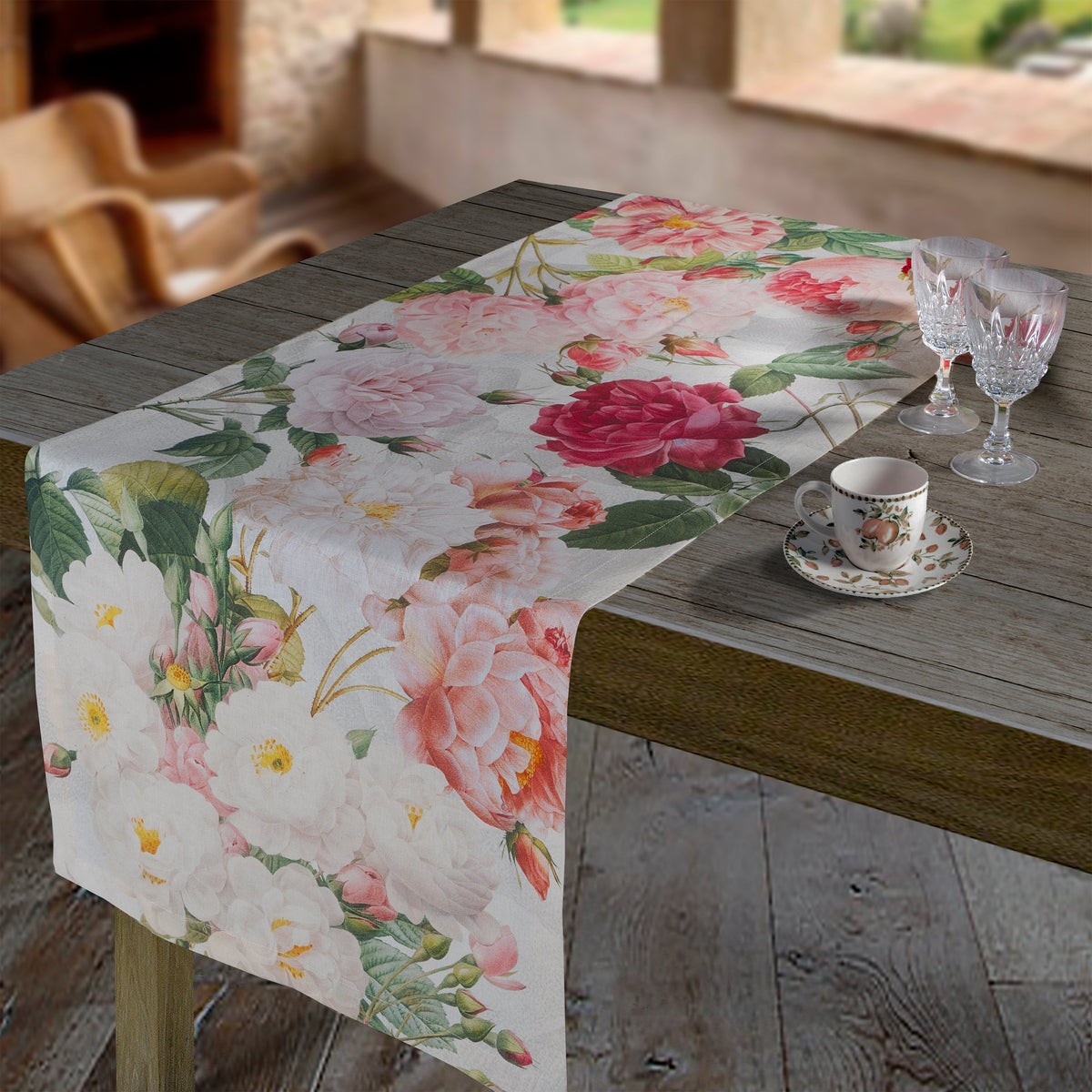 Runner in Puro Lino Fantasia Floreale - Roses