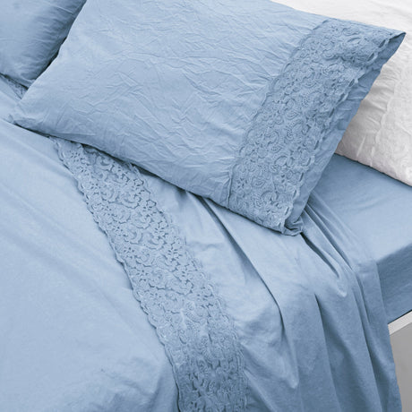 Completo Lenzuola 100% Puro Cotone Stone Washed - Bristol Lenzuola Creole Home Matrimoniale Azzurro 