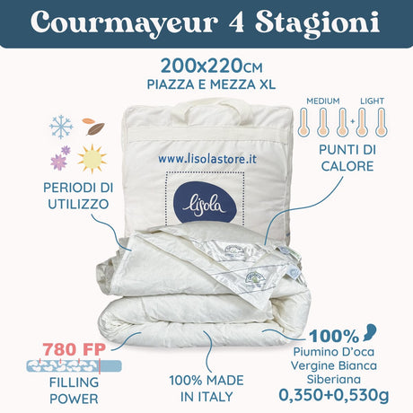 Daunex Courmayeur Piumino Siberiano 4 Stagioni Piumino d'oca Daunex 200 x 220 (Piazza e Mezza Extra Lungo) 