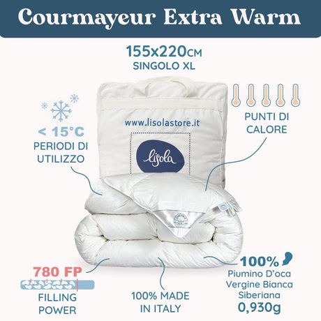 Daunex Courmayeur Piumino Siberiano Extra Warm Piumino d'oca Daunex 155 x 220 (Singolo Extra Lungo) 